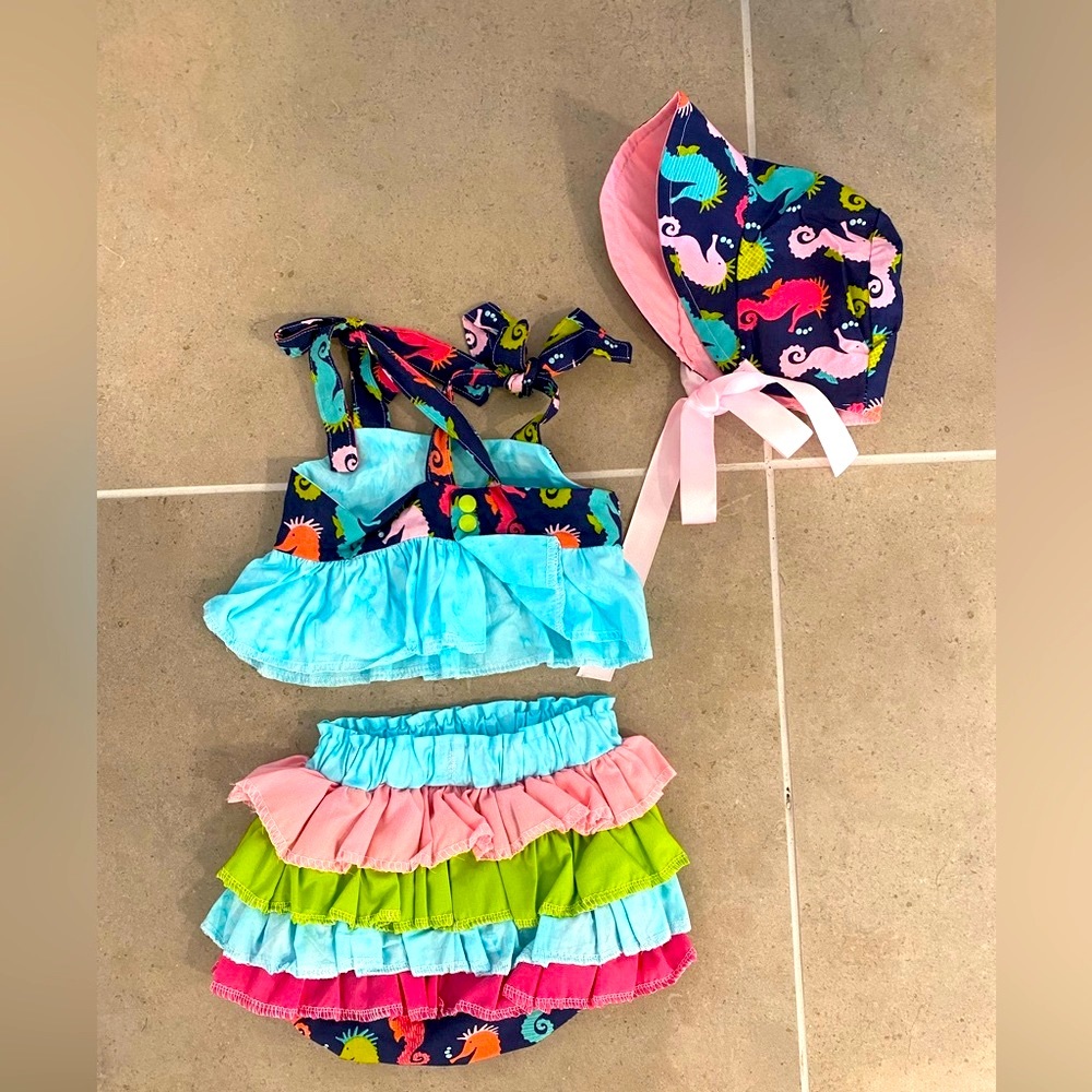 New 3 piece matching girls summer sea horse outfit - Picture 2 of 2